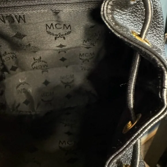 MCM Gold Studded Logo Black Pebbled Leather Backpack Tasseled Drawstring - Picture 9 of 15